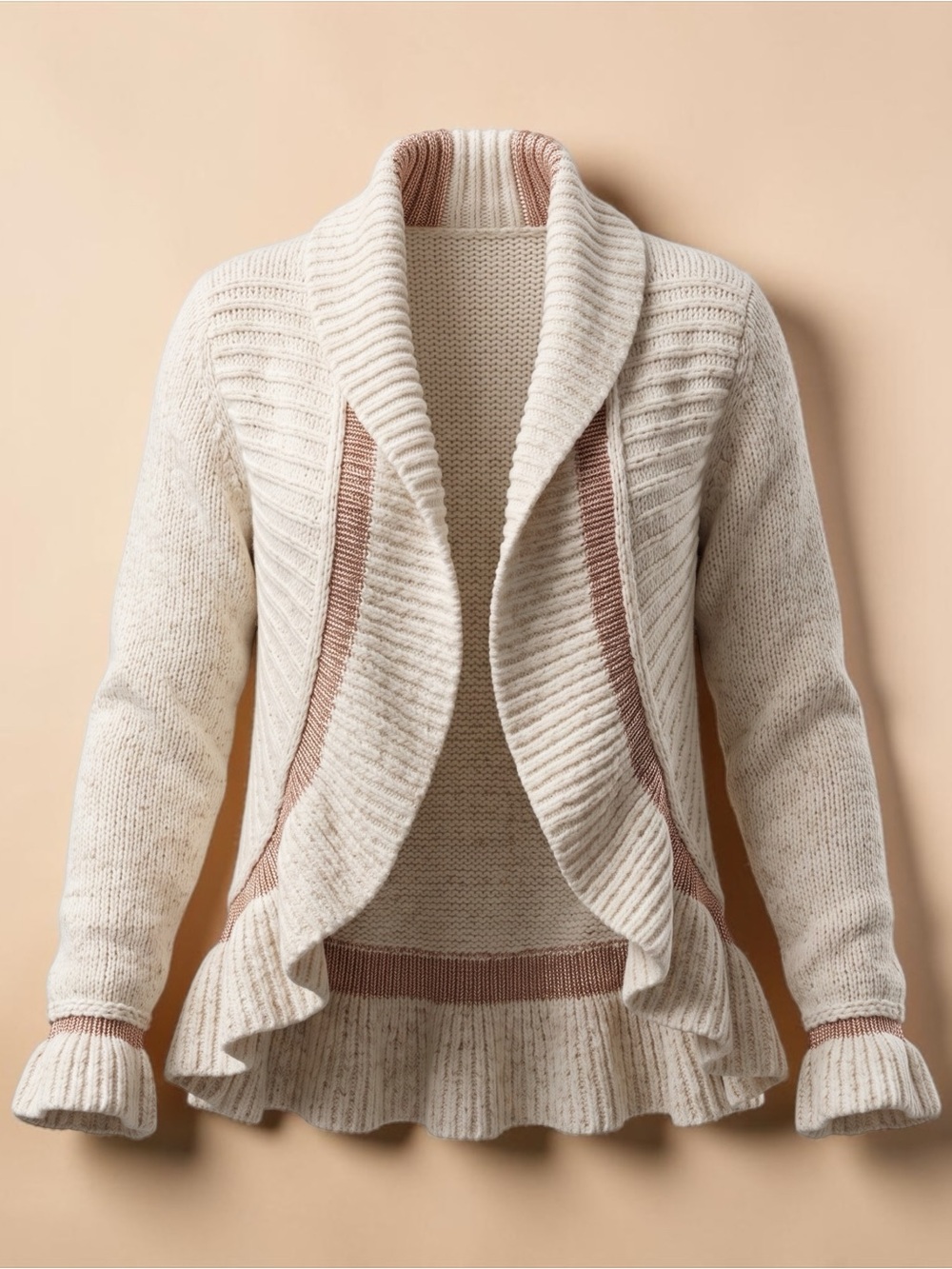 Cream Ribbed Open-Front Shawl Collar Sweater with Taupe Trim